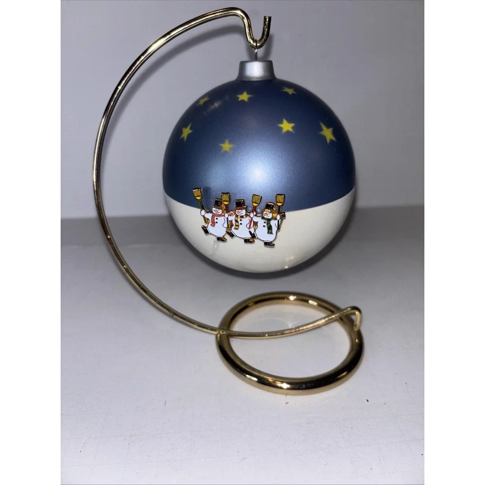 Vintage Christmas Musical Globe Ball Ornament Enamel Metal Snowmen On Stand
